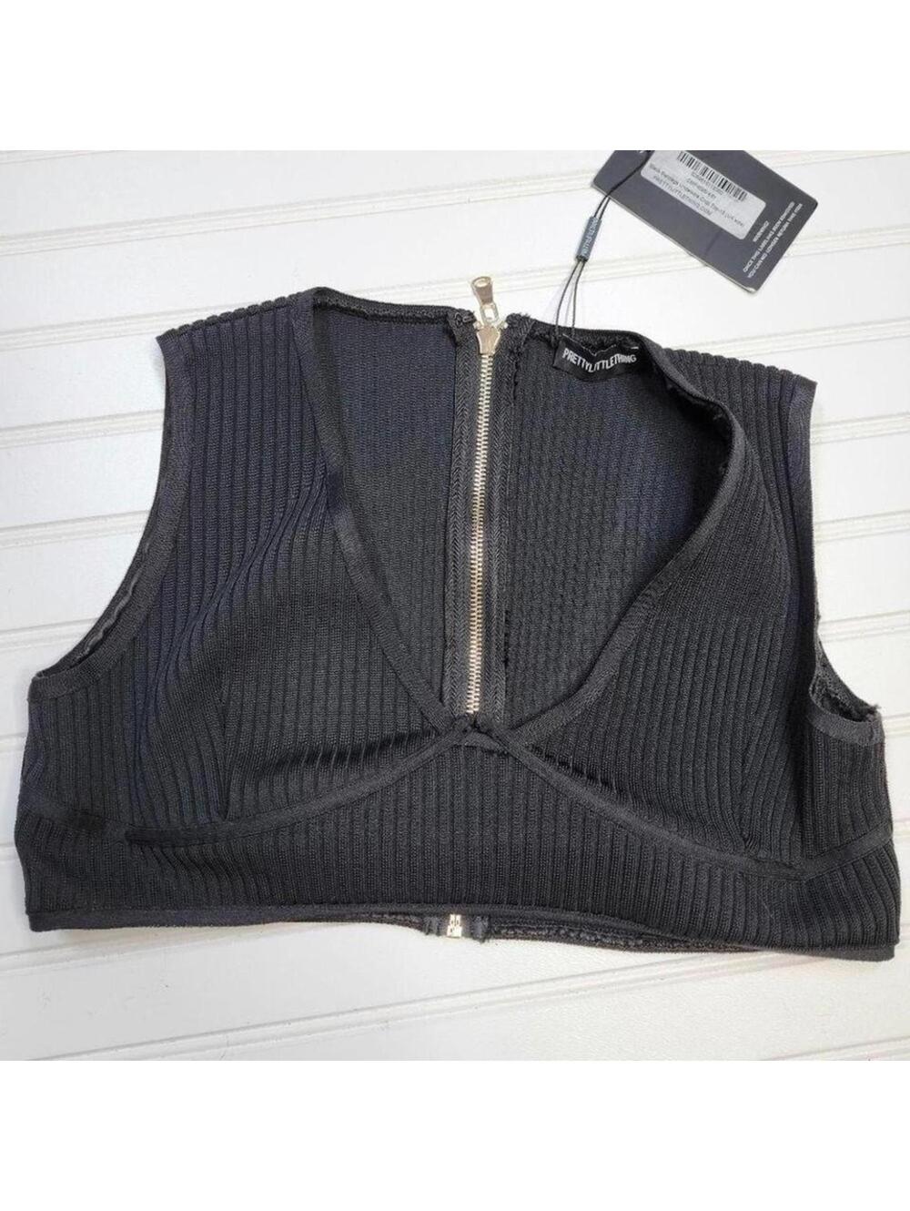 NEW PrettyLittleThing Black Ribbed Zip-Up Crop Top